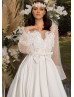 Long Sleeves Beaded Ivory Lace Satin Charming Wedding Dress